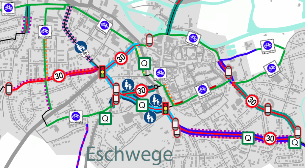 Eine Karte, die Maßnahmenempfehlungen für den Fußverkehr in Eschwege zeigt.