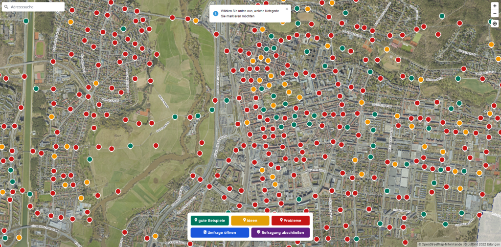 Karte der Online-Beteiligung Fußverkehrskonzept Erlangen mit bereits verorteten Meldungen.