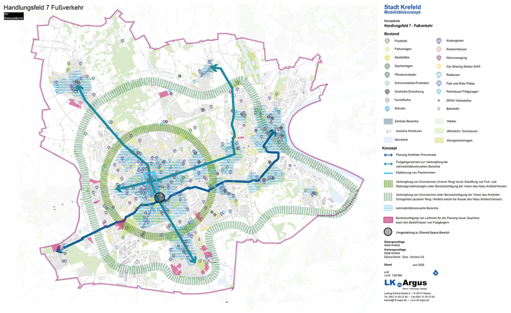 Die Karte zeigt alle standortbezogenen Maßnahmen zum Handlungsfeld Fußverkehr auf.