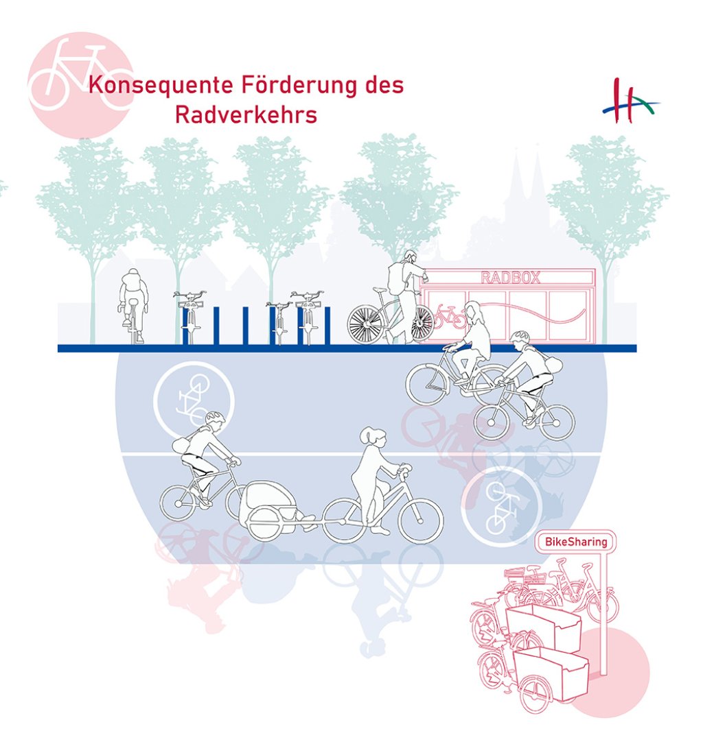 Diese Grafik zeigt verschiedene Radverkehrsangebote wie Abstellanlagen, Sharing-Angebote sowie sichere Radboxen und eine gut ausgebaute Radinfrastruktur innerhalb derer sich Radfahrer mit verschiedenen Radtypen bewegen.