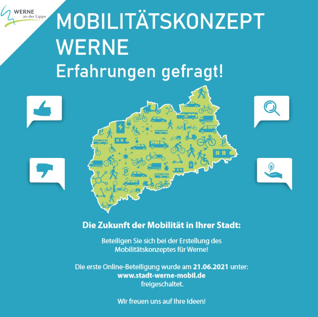Diese Grafik wurde zur Werbung für die Teilnahme an dem Online-Beteiligungsverfahren genutzt. Sie zeigt verschiedene Mobilitätsformen innerhalb der Verwaltungsgrenzen der Stadt Werne sowie den Link zur Prozesswebsite.