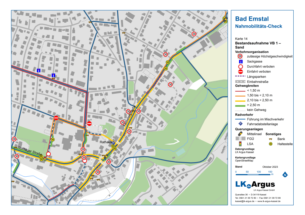 Karte zur Bestandsaufnahme im Vertiefungsbereich Ortsteil Sand zu Verkehrsorganisation, Gehwegbreiten, Radverkehr und Querungsanlagen.