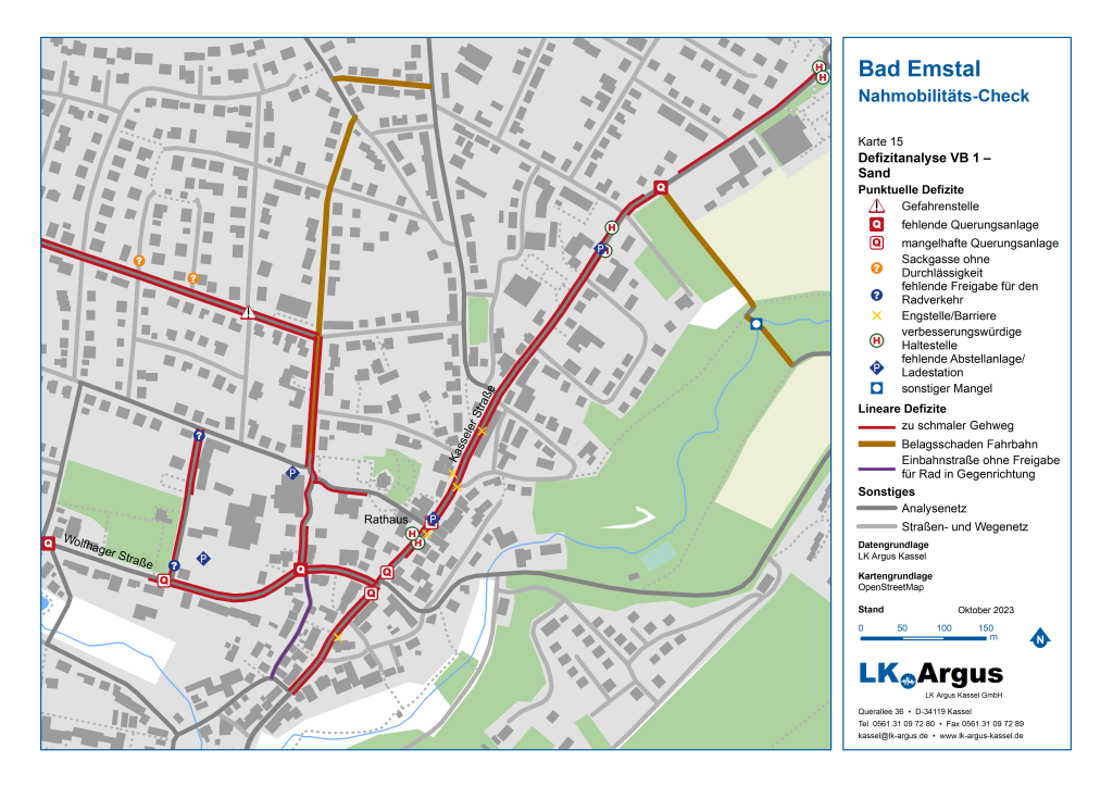 Karte mit Defiziten im Vertiefungsbereich Ortsteil Sand, u. a. zu Gefahrenstellen, Querungsanlagen, Beschilderungsmängeln, zu schmalen Wegen und Belagsschäden.