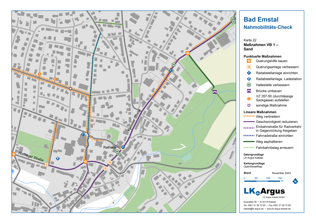 Karte mit Maßnahmen im Vertiefungsbereich Ortsteil Sand, u. a. zu Querungsanlagen, Haltestellen, Wegeverbreitungen und Geschwindigkeitsreduzierungen.