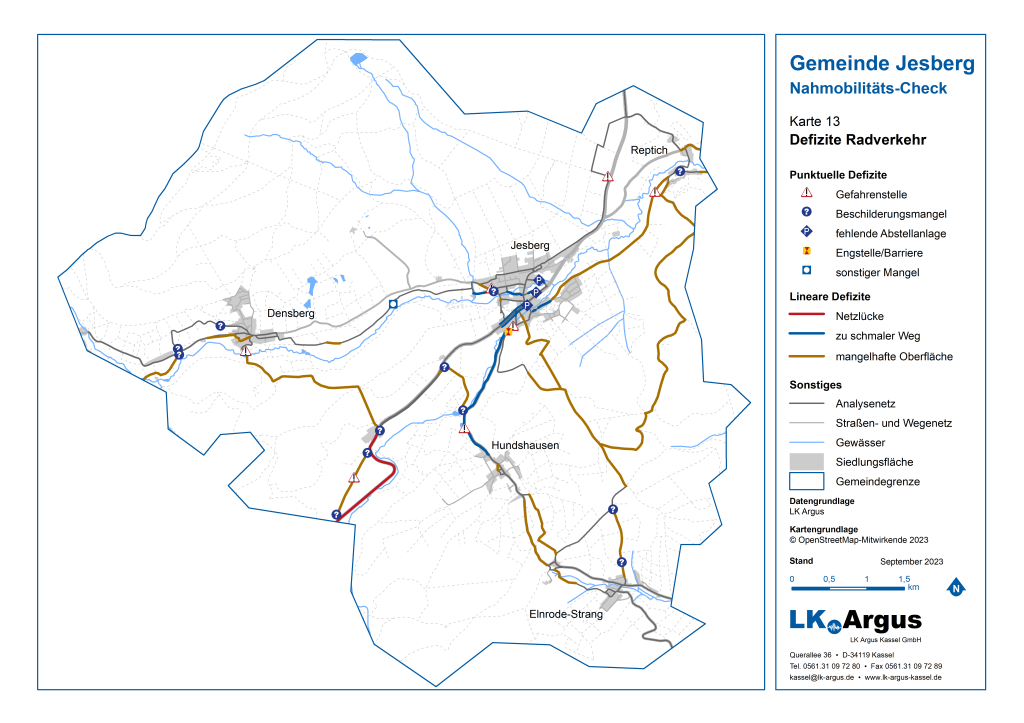 Karte mit Defiziten im Radverkehr, u. a. zu Gefahrenstellen, Beschilderungsmängeln, Engstellen, Netzlücken, zu schmalen Wegen und mangelhaften Oberflächen.