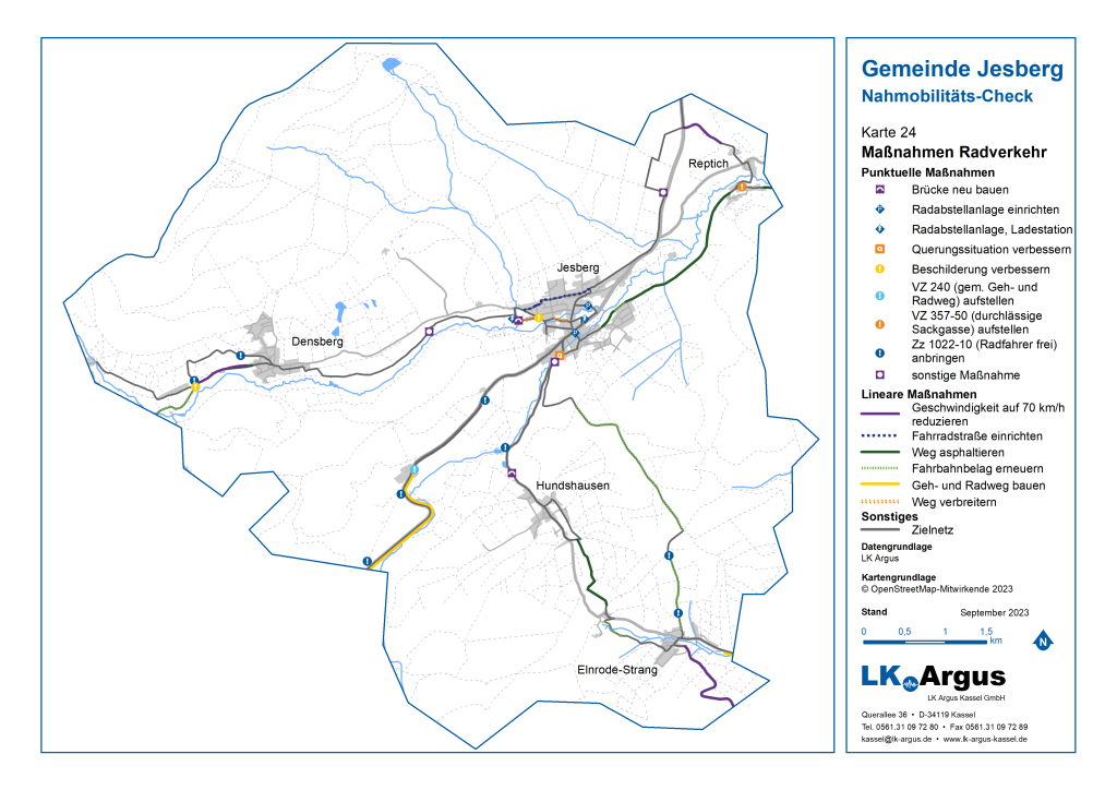 Karte mit Maßnahmen des Radverkehrs, u. a. zu Radabstellanlagen, Beschilderungen, Geschwindigkeitsreduzierung und Einrichten einer Fahrradstraße.