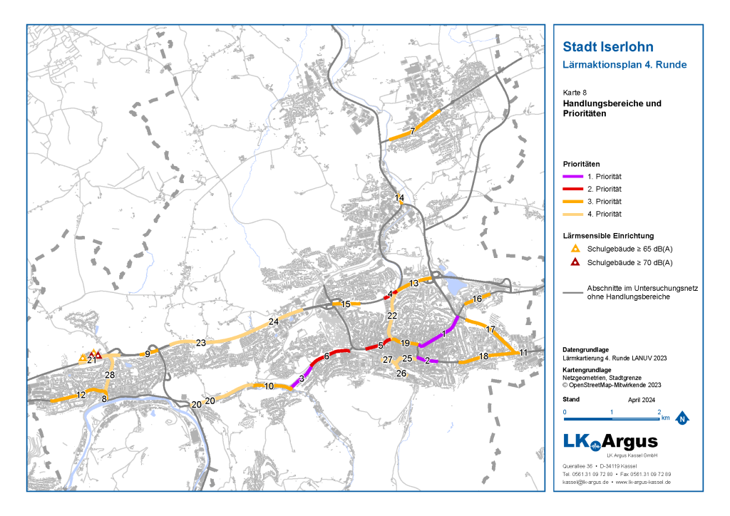 Karte der Handlungsbereiche und Prioritäten sowie lärmsensibler Einrichtungen (Schulen).