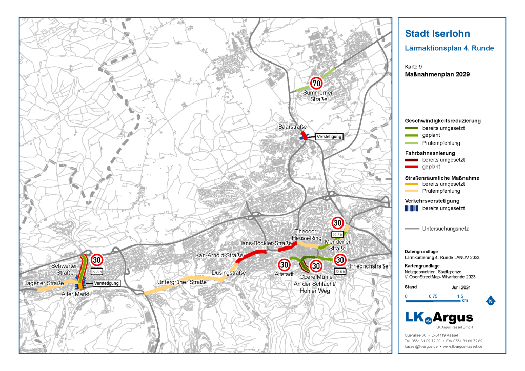 Karte des Maßnahmenplans 2029 mit Geschwindigkeitsreduzierungen, Fahrbahnsanierungen und straßenräumlichen Maßnahmen.