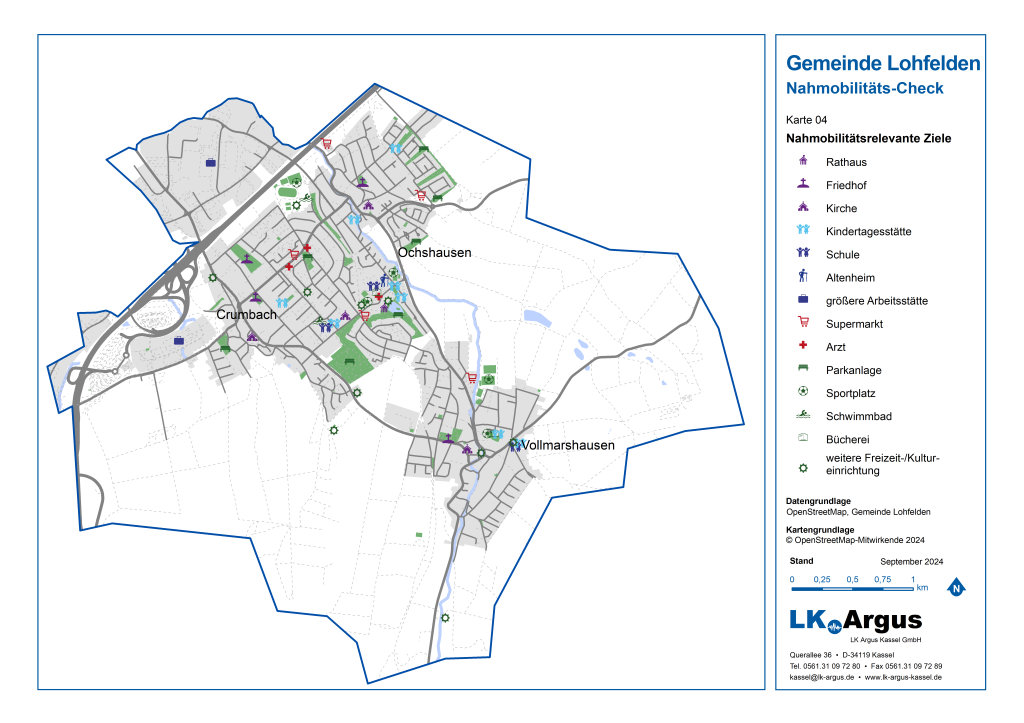 Karte der nahmobilitätsrelevanten Ziele wie Rathaus, Kita, Schule, Supermarkt, Sportplatz.