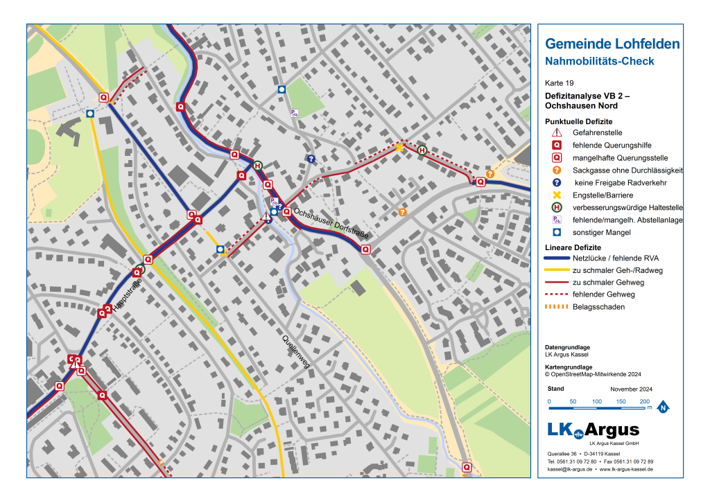 Karte der Defizitanalyse in Ochshausen Nord: u. a. mit Gefahrenstellen, fehlenden und mangelhaften Querungsstellen, Engstellen, fehlenden RVA und zu schmalen Gehwegen.