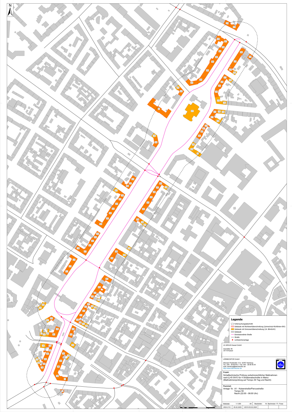 Karte der Gebäude der Kaiserstraße mit Richt- und Grenzwertüberschreitung bei Tempo 50 nachts.