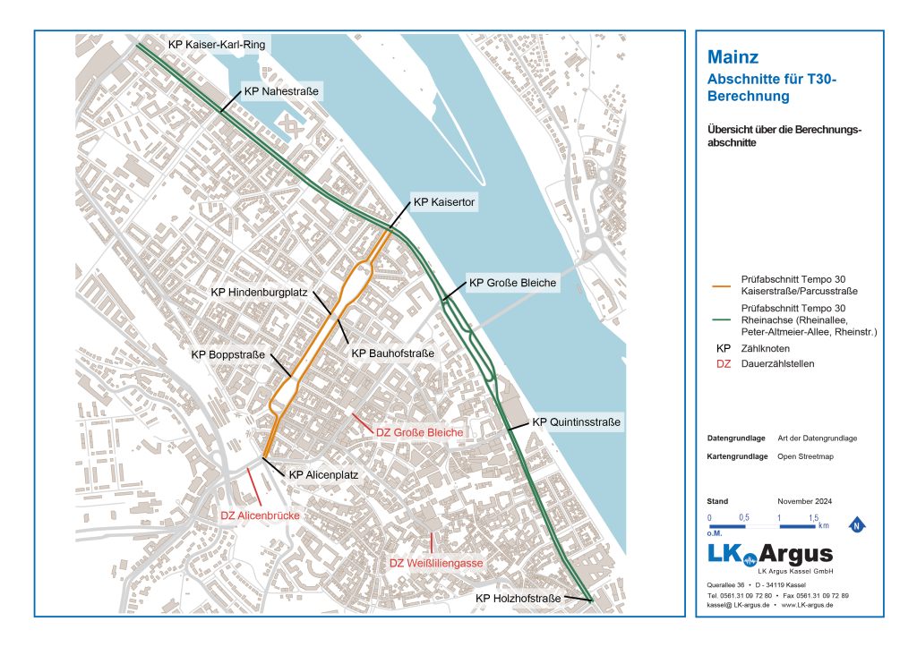 Karte mit der Übersicht der Berechnungsabschnitte: Kaiserstraße/Parcusstraße und Rheinachse.