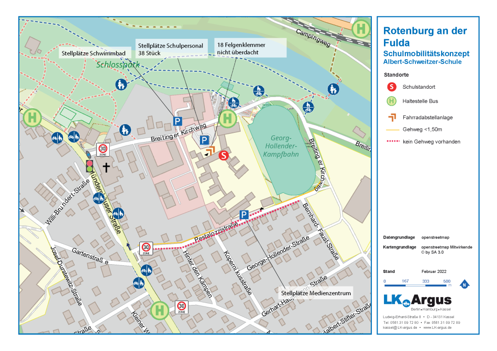 Analysekarte zum Schulmobilitätskonzept der Albert-Schweitzer-Schule in Rotenburg an der Fulda mit Bushaltestellen sowie zu schmalen und fehlenden Gehwegen.