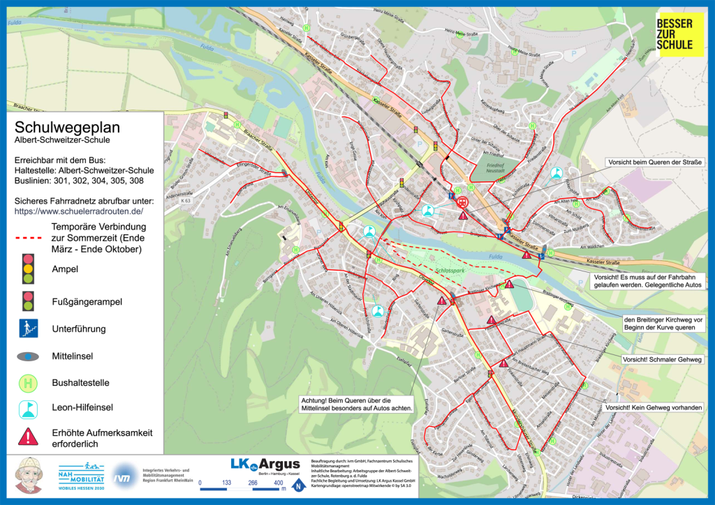 Schulwegeplan der Albert-Schweitzer-Schule in Rotenburg an der Fulda u. a. mit Querungsmöglichkeiten und Aufmerksamkeitsstellen.