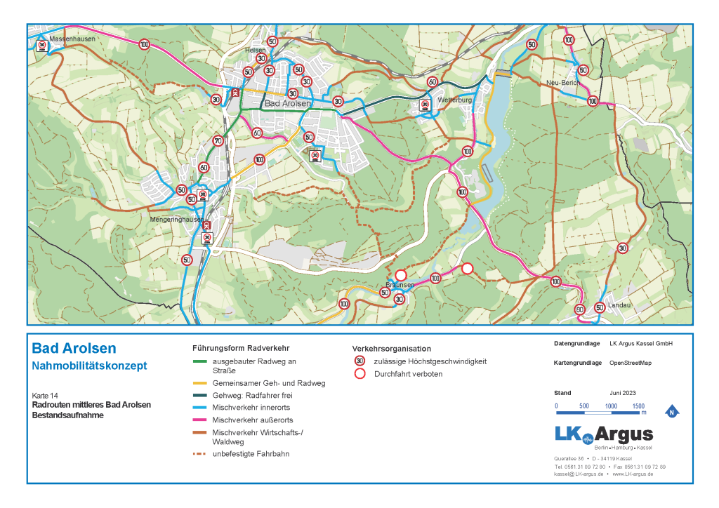 Eine Karte, die das bestehende Fahrradnetz in Bad Arolsen mit Führungsform anzeigt.