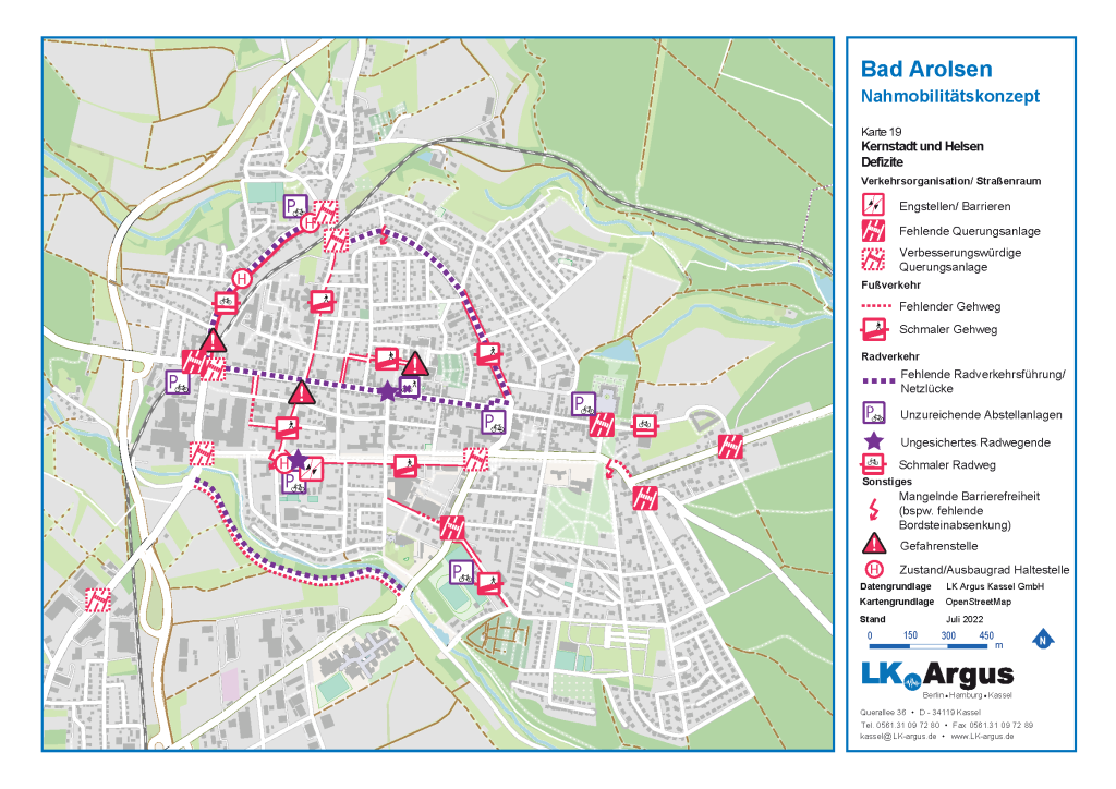 Eine Karte, die Defizite hinsichtelich des Rad- und Fußverkehrs in der Kernstadt darstellt.