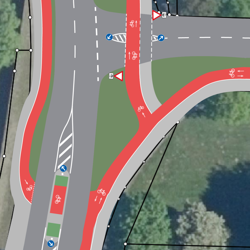 Ein Plan, in dem darstellt ist, wie der Knotenpunkt Korbacher Straße / Große Alle fahrradfreundlich umgestaltet werden könnte.
