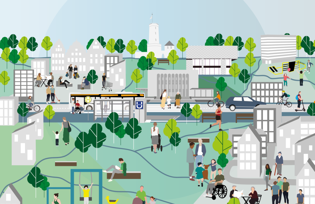 Leitbildgrafik der Fußverkehrsstrategie "Bielefeld geht los".